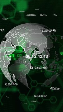 Animation of globe rotating over scientific data on black background