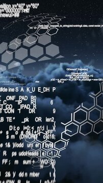 Animation of globe, data processing over chemical formulas on cloudy sky