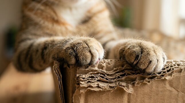 Close-up of fluffy cat paws with claws scratching on a damaged brown cardboard box indoors