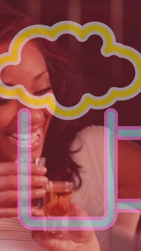 Animation of beer icon over diverse friends drinking at party