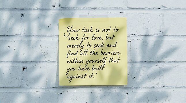 Inspirational Rumi Quote on Yellow Sticky Note Attached to White Brick Wall with Natural Leaf Shadows
