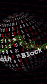 Animation of data processing over globe with binary coding on black background