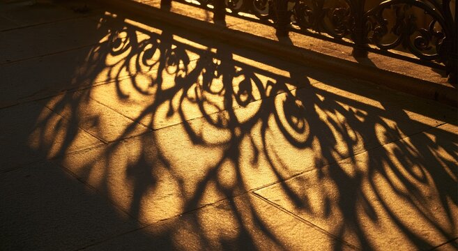 Ornate shadow patterns from a railing cast by warm sunlight on textured ground