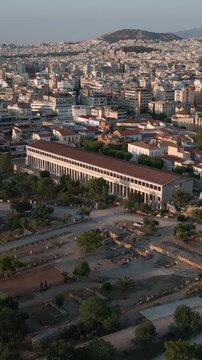 Vertical Aerial View of Stoa of Attalos and Ancient Agora in Athens Greece