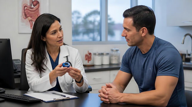 medical consultation with a female doctor explaining health details to a male patient in a clinical setting during an appointment