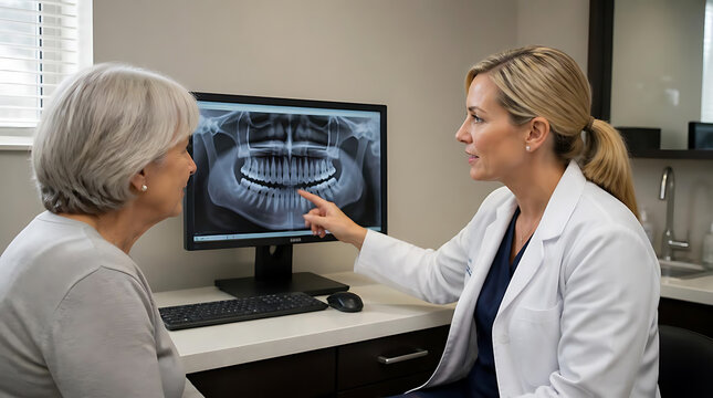 dental consultation with an elderly patient analyzing a panoramic x-ray in a clinical setting