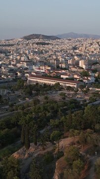 Vertical Aerial View of Stoa of Attalos and Ancient Agora in Athens Greece