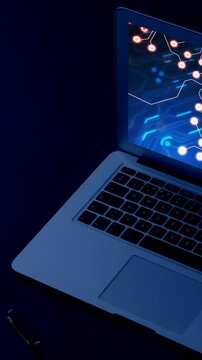 Animation of laptop with data processing in office