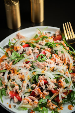 Fresh Tuna Salad with Onions and Cherry Tomatoes. Italian Mediterranean Cuisine