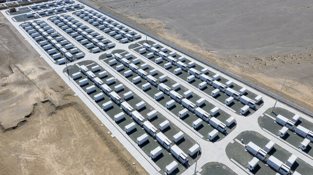 Aerial View of Massive Energy Storage Power Station in Desert Landscape