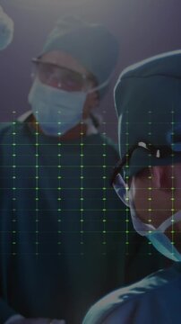 Animation of neon heart rate over diverse surgeons during operation