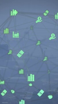 Animation of globe of connections over cityscape