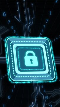 Animation of digital data processing and security padlock over black background
