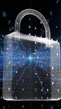 Animation of data processing and padlock icon on black background
