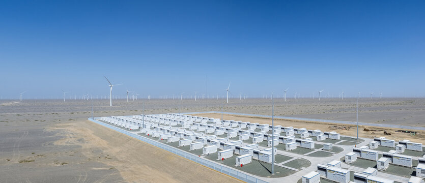 Aerial View of Large Energy Storage Station and Wind Farm in Gobi Desert﻿