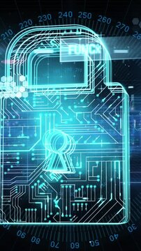 Animation of data processing and padlock icon on black background