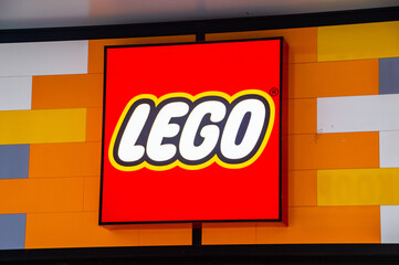 Fototapeta premium Brussels, Belgium - May 16, 2026: Logo of Danish construction toy manufacturer.