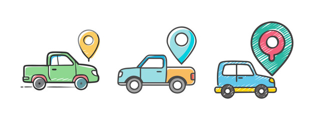 Naklejka premium Car Location Icons, Vehicle Navigation Pins, Transportation Map Markers, Delivery Service Icons, GPS Tracking Symbols