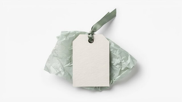 Blank gift tag tied with green ribbon on crushed green tissue paper packaging shopping decoration merchandise