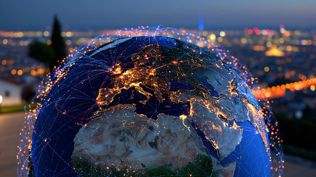 Holographic map of Europe, Africa and the Middle East forming a dense cybernetwork, London, Paris, Frankfurt, Cairo, Casablanca, Riyadh and Istanbul connected by luminous routes, digital chains weav