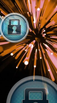 Animation of network of icons with digital padlocks over orange fibre optic strands
