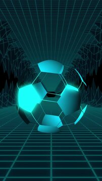 Animation of digital football over digital mountains on black background