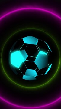 Animation of digital football over neon circles on black background