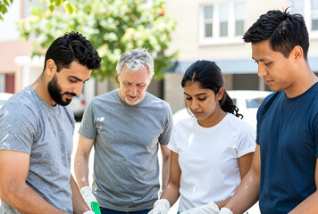 Obraz premium Community service and environmental cleanup, diverse volunteers working together outdoors for a sustainable future