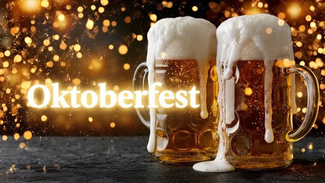 Animated Oktoberfest celebration with traditional Bavarian beer mugs, golden lager, pretzels and festive German beer festival atmosphere for seasonal event background