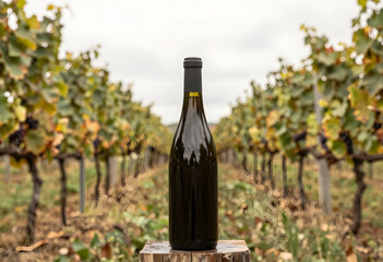 Naklejka premium Wine production and viticulture, dark wine bottle on a wooden stump in a vineyard with grapevines and autumn leaves