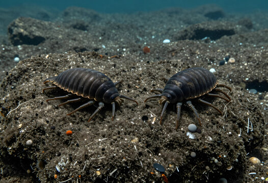 Marine biodiversity and ocean life, two isopods on sandy seabed, underwater ecosystem and invertebrate species