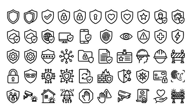 Shield and Protection Outline Icons Set, 42 Linear Security and Safety Vector Symbols