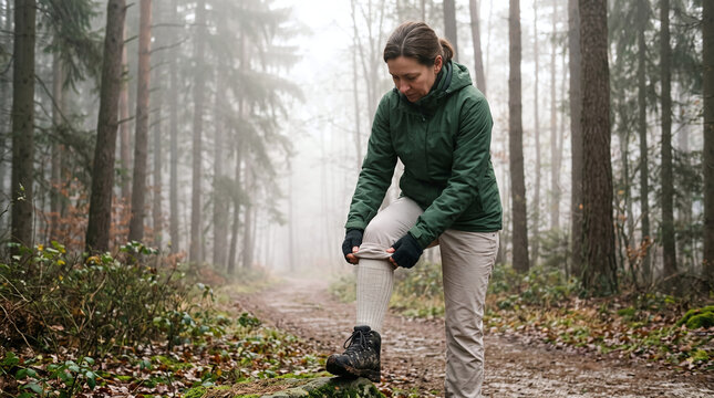Woman tucking hiking trousers into tall socks on trail