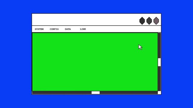 Retro Computer Interface Window with Green Screen Chroma Key Area and Mouse Cursor Movement on Blue Background