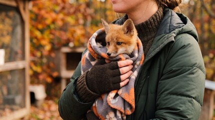 Naklejka premium Woman holds a rescued fox cub wrapped in a blanket at an autumn wildlife sanctuary. Concept wildlife rescue and animal welfare for campaigns, blogs and editorial use. Generative AI.