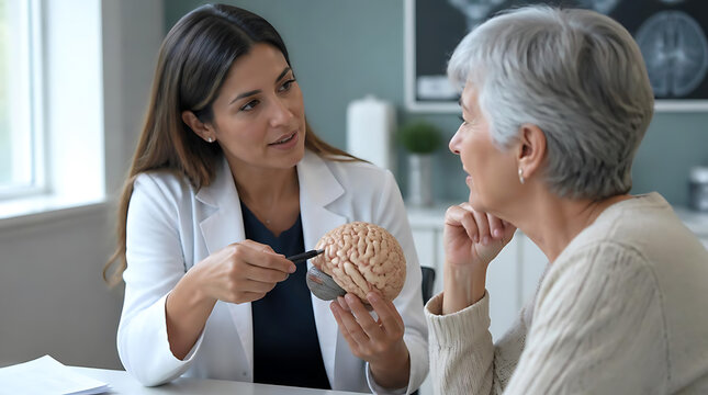 medical consultation between a neurologist holding a brain model and an elderly patient discussing brain health in a clinical