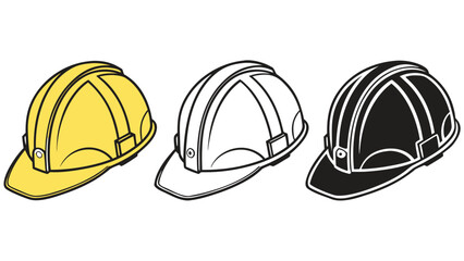 Fototapeta premium Industrial safety helmet vector set, construction hard hat icons in yellow and black, protective headwear for site work