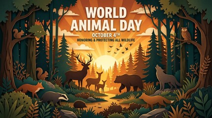Naklejka premium Paper cut forest scene shows deer, bear, wolves and foxes at sunset for World Animal Day. Concept wildlife conservation for campaigns, posters and editorial use. Generative AI.