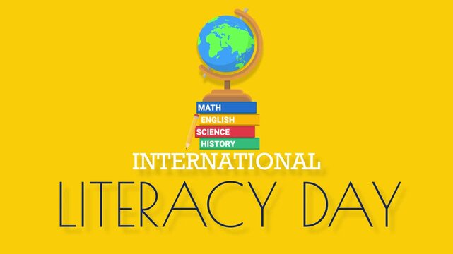 International Literacy Day animated text intro with rotating globe books on 4k yellow background