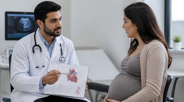 prenatal medical consultation with a healthcare professional discussing pregnant woman's health and fetal development findings