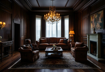 Fototapeta premium Luxury living room interior classic elegant design with dark wood paneling leather furniture and crystal chandelier