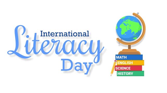 International Literacy Day animated text reveal with spinning globe books on 4k white background