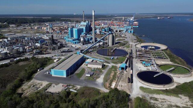 Circular settling tanks process refinery runoff beside South Carolina Cooper River shipping channels near Park Circle. Active rail spurs supply large chemical plants, North Charleston