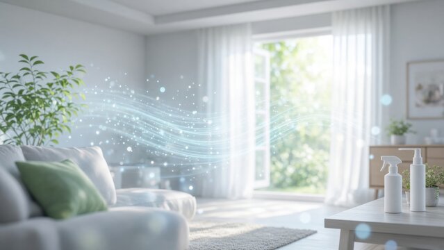Fresh Air and Cleaning Spray Bottles in Bright Living Room
