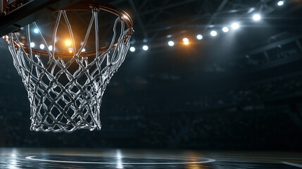 Fototapeta premium Basketball hoop net in dark stadium illuminated by bright arena lights for professional competitive sports event promotion.