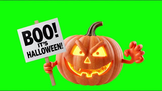 Animated Halloween jack o lantern pumpkin holding a Boo It&rsquo;s Halloween sign and waving on a bright green screen background for spooky seasonal video editing