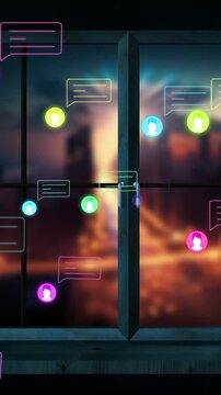 Animation of social media data processing over modern apartment and cityscape