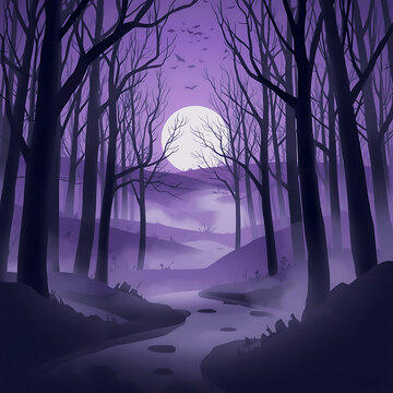 Full moon shining over a dark forest in purple night