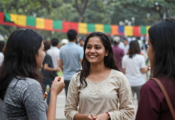 Obraz premium Youth community engagement and social interaction, young Indian women smiling and talking at an outdoor event