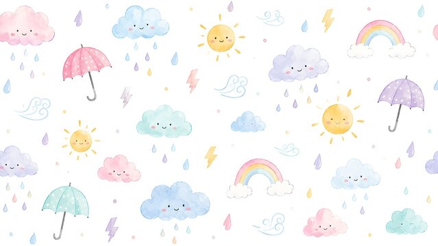 Cute watercolor seamless pattern with smiling clouds, suns, rainbows, raindrops, and umbrellas isolated on white background